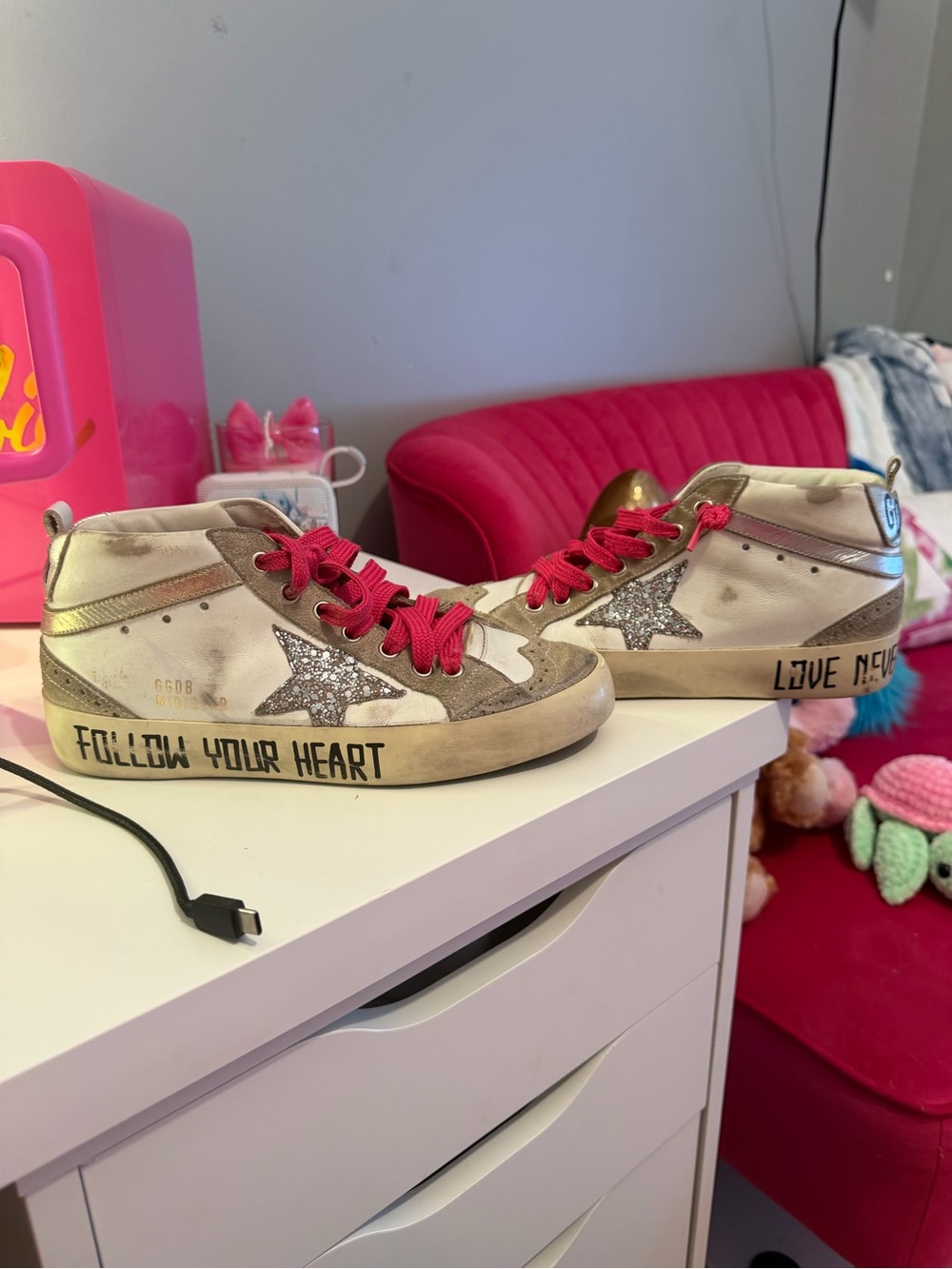 Golden Goose Silver Star High-Top Sneakers with Pink Laces